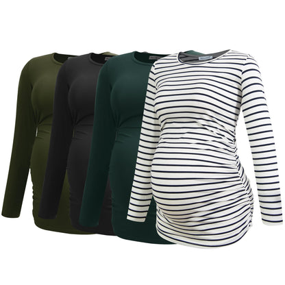 Smallshow Women's 4 Pack Maternity Shirts Long Sleeve Ruched Pregnancy Clothes Tops