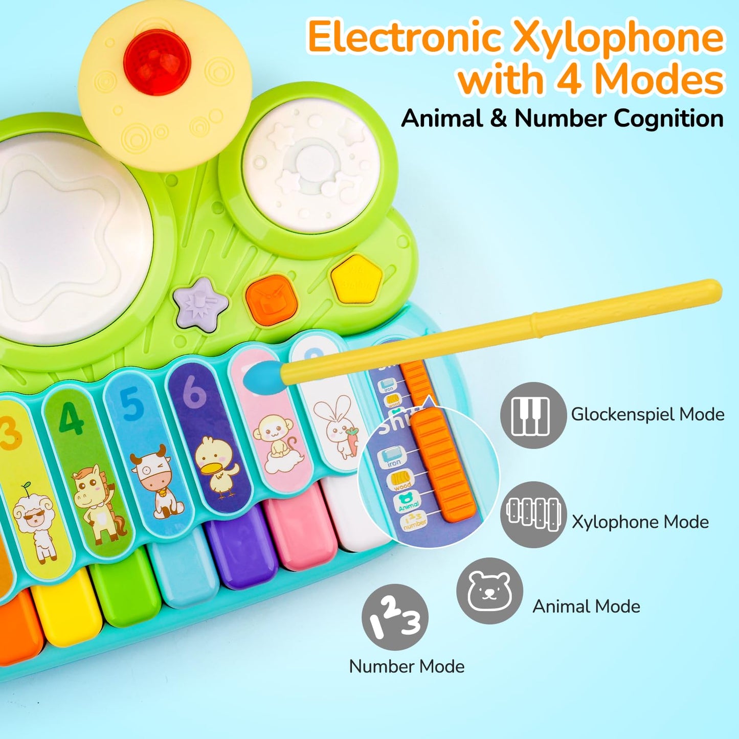 Baby Piano Drum Set for Toddlers 1-3, Musical Toys 3 In 1 Baby DJ Table Piano Keyboard Xylophone Instruments for 1 2 Year Old Boys Girls Music & Light Activity Table 6-12-18 Months Old Birthday Gifts