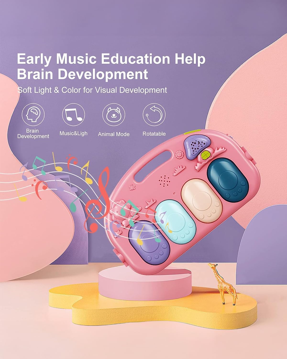 dearlomum Baby Play Mat Gym, Funny Play Piano Tummy Time Activity Mat with 5 Infant Sensory Toys, Music and Lights, Boy & Girl Gifts for Newborns 0 to 3 6 9 12 Months (Pink)