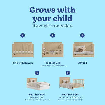 Graco Hadley 5-in-1 Convertible Crib & Changer – GREENGUARD Gold Certified, Fits Standard Crib Mattress, Converts to Toddler Bed and Full Bed, 4 Adjustable Mattress Heights (Pebble Gray)