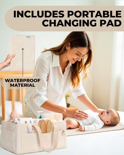 Baby Diaper Caddy Organizer with Portable Changing Mat - Teddy Fleece Diaper Organizer for Changing Table - Basket for Changing Essentials - Baby Essentials Organizer with Removable Dividers