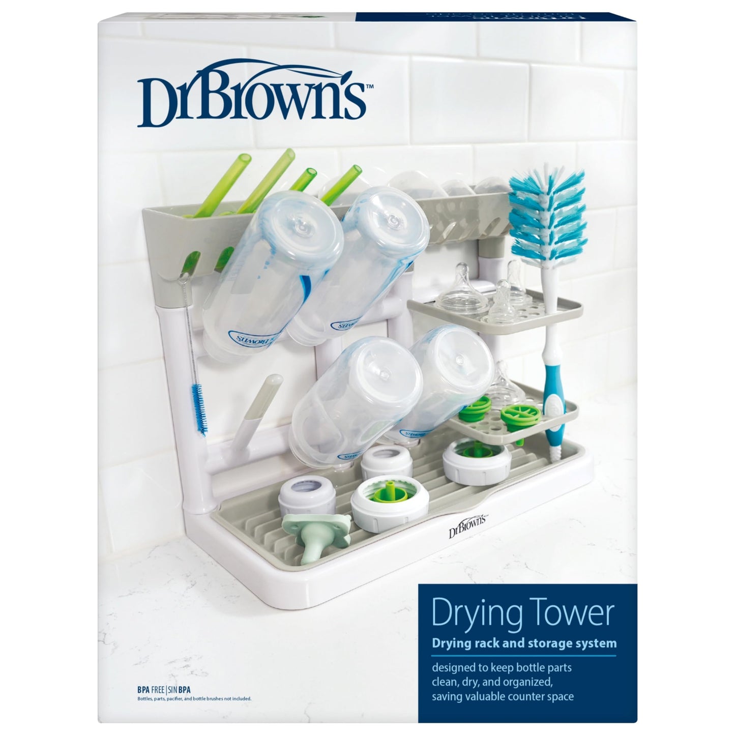 Dr. Brown's Baby Bottle Drying Tower, Stand-Up Countertop Drying Rack with Organized Storage for Baby Essentials, Space Saving Vertical Rack, Black/White