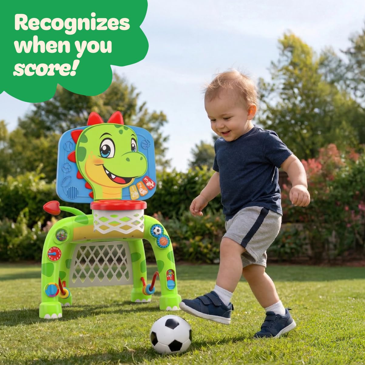 Move2Play, Dinosaur Basketball Hoop & Soccer Goal Activity Center | 30+ Sounds & Songs + 5 Lights | 1 2 3 Year Old for Boys and Girls | Toy & Gift for Baby & Toddlers