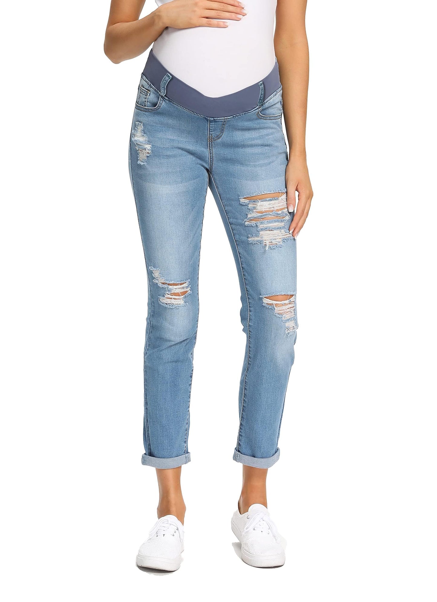 Foucome Women's Maternity Jeans Stretch Ripped Boyfriend Jeans Pregnancy Denim Pants with Pockets