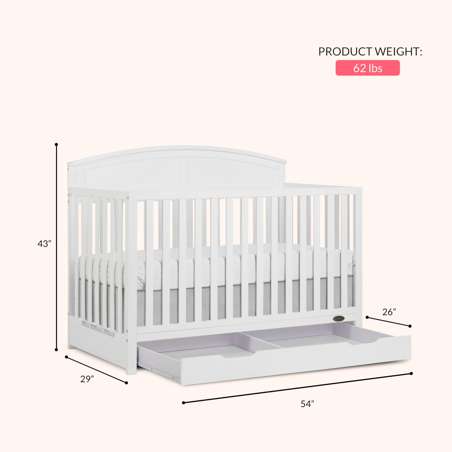 Dream On Me Storybrooke 5-in-1 Convertible Full-Size Crib with Under Drawer, White, GreenGuard Gold & JPMA, Convert to Toddler, Day & Full-Size Bed, 3 Mattress Heights, Sustainable Pinewood