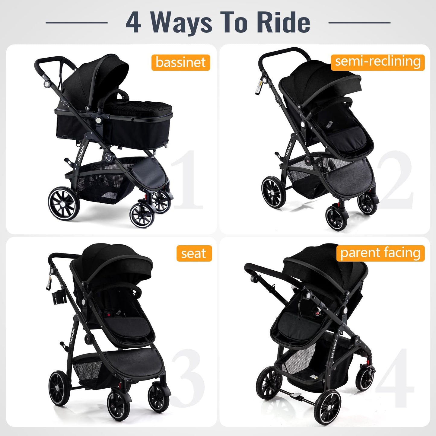 Hagaday Baby Stroller, 2-in-1 Reversible Toddler Seat with Bassinet Mode, Foldable Infant Stroller with Canopy, One Button Brake, Adjustable Handle, Newborn Pushchair(Blue)