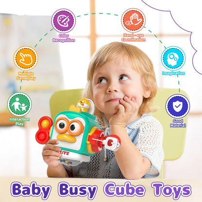 usrela 4 in 1 Baby Toys for 6 12 18 Month, Learning Toys for Babies 6-12 Months, Busy Cube, Stacking Sorter, Piano Xylophone Pull String Travel Toy, Birthday Gifts for Toddlers 1 2 Years Old