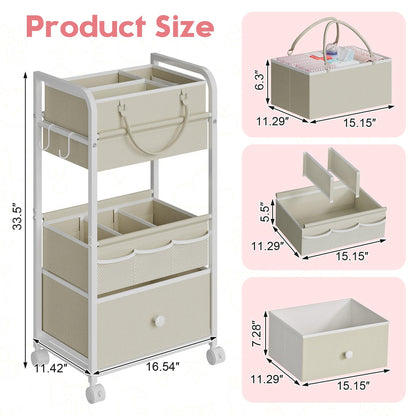 Cidaziya 2In1 Baby Diaper Caddy Organizers and Storage, 3 Tier Rolling Cart with Dividers and Drawers, Mobile Utility Cart Baby Dresser Clothes Organizer for Changing Table, Crib Nursery, Bedroom