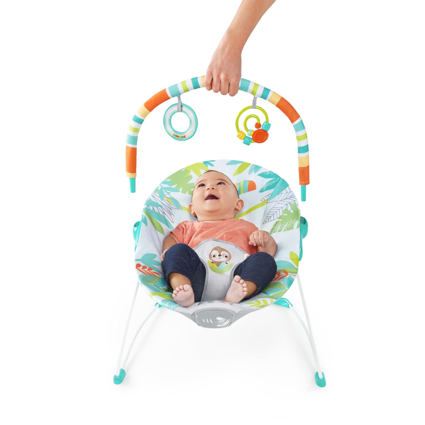 Bright Starts Baby Bouncer Soothing Vibrations Infant Seat - Removable -Toy Bar, Nonslip Feet, 0-6 Months Up to 20 lbs (Safari Fun)