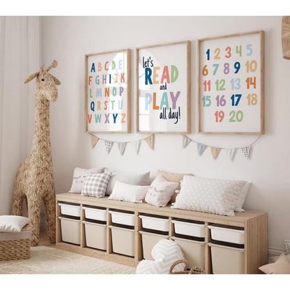 Kids Playroom Wall Art Decor Nursery ABC Alphabet Poster Play Room Canvas Wall Decor Toddler Childrens Educational Artwork Numbers Shapes Prints ABC Picture for Playroom 12x16 Inch Unframed Set of 3