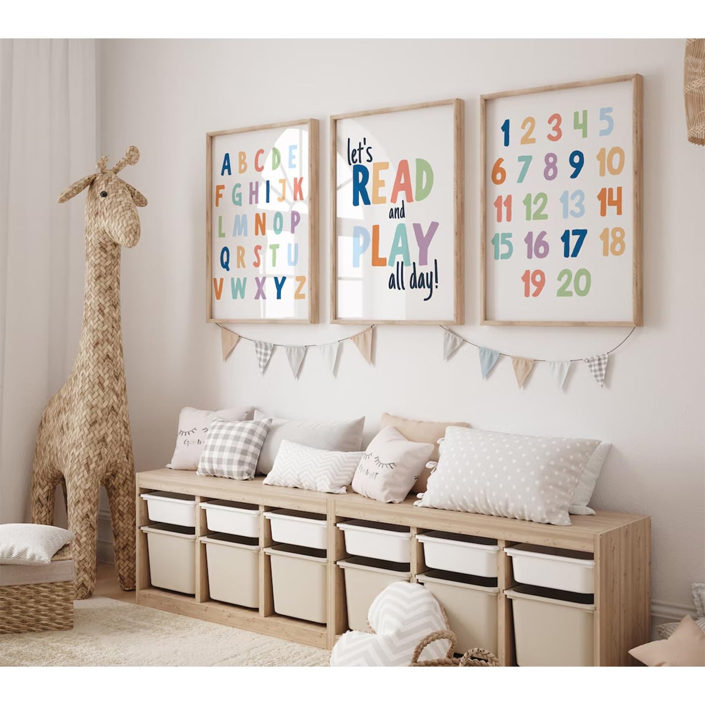 Kids Playroom Wall Art Decor Nursery ABC Alphabet Poster Play Room Canvas Wall Decor Toddler Childrens Educational Artwork Numbers Shapes Prints ABC Picture for Playroom 12x16 Inch Unframed Set of 3