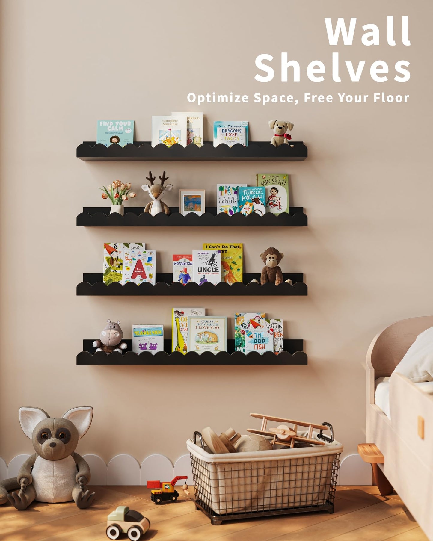 Shario Nursery Book Shelves, 4-Pack White Floating Shelves for Wall Kids, Scalloped Shelves, Wall Book Shelves for Bedroom Kids, Toddler Room, Baby Room, Nursery Decor
