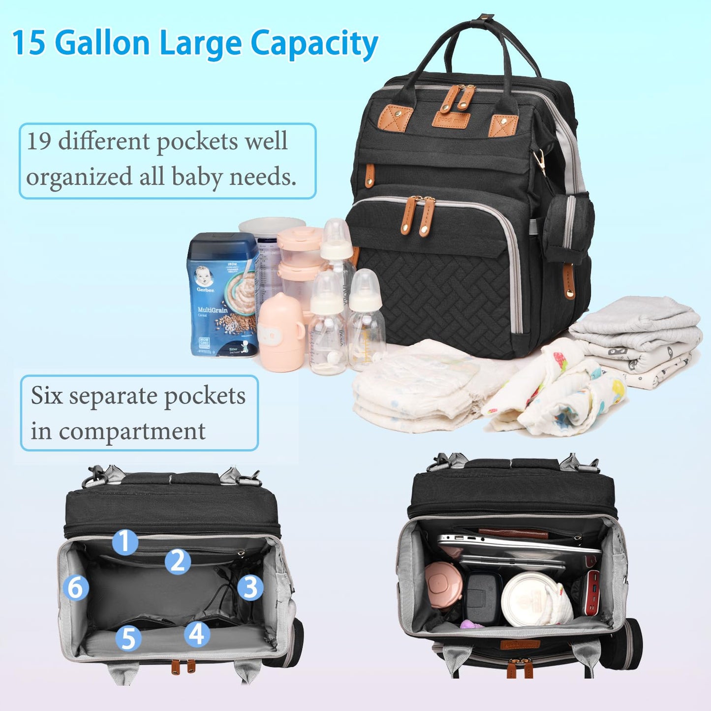 Jeryswet Baby Diaper Bags with Changing Station, Waterproof Large Capacity Diaper Bag Backpack for Moms Dads with USB Charging Port and Stroller Straps, Baby Shower Gifts, Grey