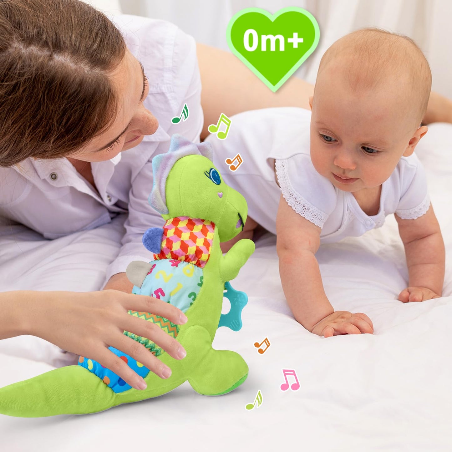 Baby Dino Plush Soft Stuffed Animal Toy for 0-3-6-12+ Months,Infant Musical Toy with Rattle,Squeaker,Sensory Crinkle,Teether & Textures,Tummy Time Toys Christmas Baby Gift for Newborn Girl Boy (Blue)