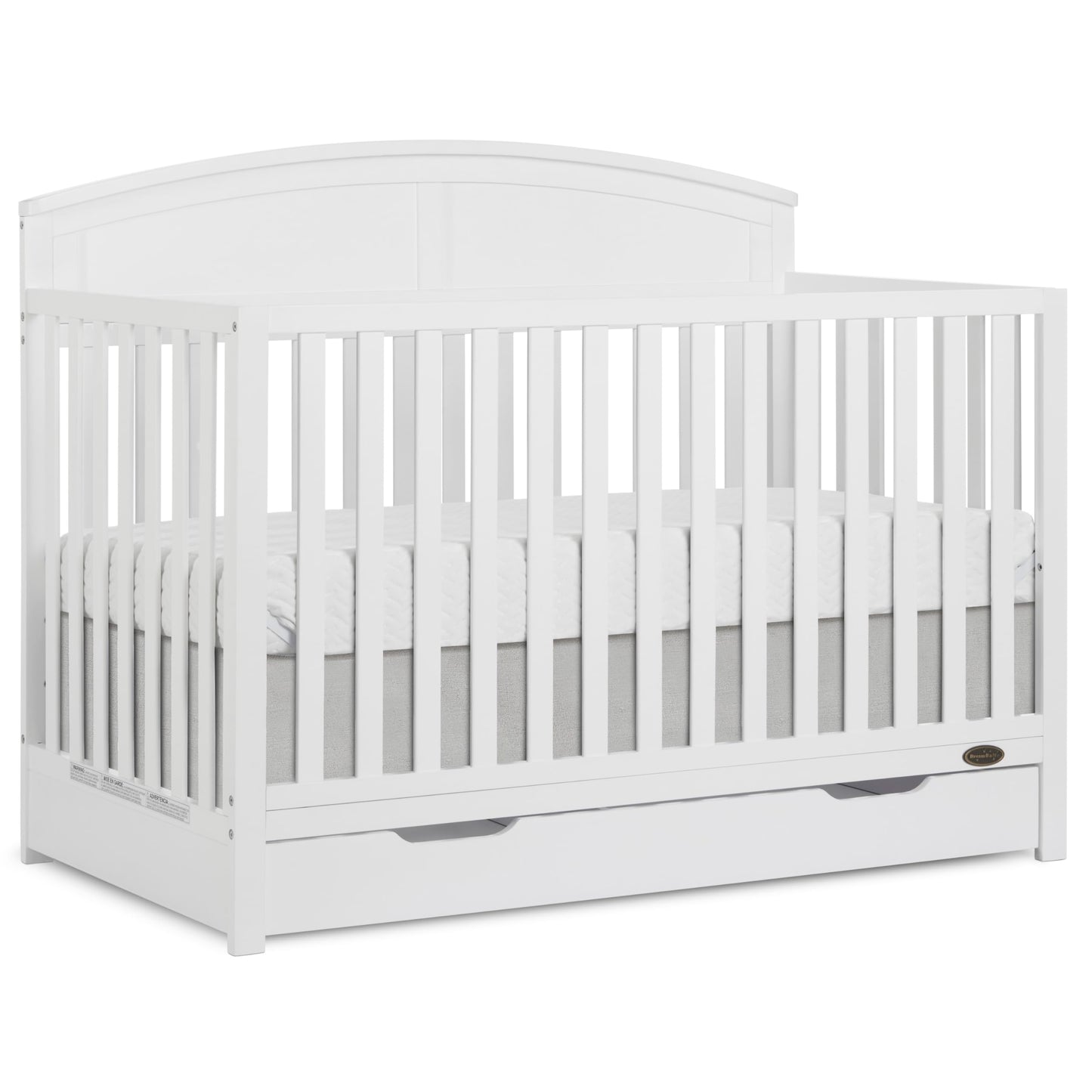 Dream On Me Storybrooke 5-in-1 Convertible Full-Size Crib with Under Drawer, White, GreenGuard Gold & JPMA, Convert to Toddler, Day & Full-Size Bed, 3 Mattress Heights, Sustainable Pinewood