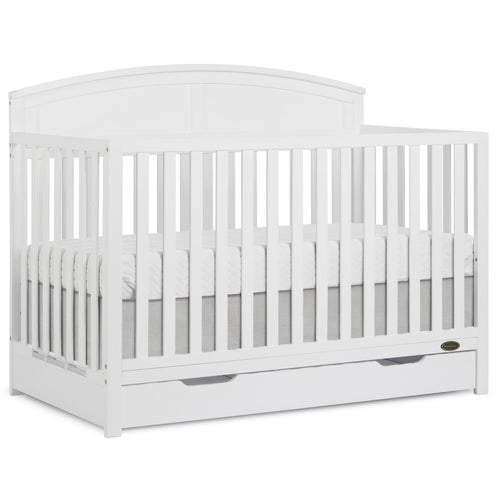 Dream On Me Storybrooke 5-in-1 Convertible Full-Size Crib with Under Drawer, White, GreenGuard Gold & JPMA, Convert to Toddler, Day & Full-Size Bed, 3 Mattress Heights, Sustainable Pinewood