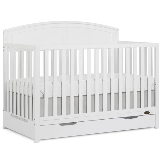 Dream On Me Storybrooke 5-in-1 Convertible Full-Size Crib with Under Drawer, White, GreenGuard Gold & JPMA, Convert to Toddler, Day & Full-Size Bed, 3 Mattress Heights, Sustainable Pinewood
