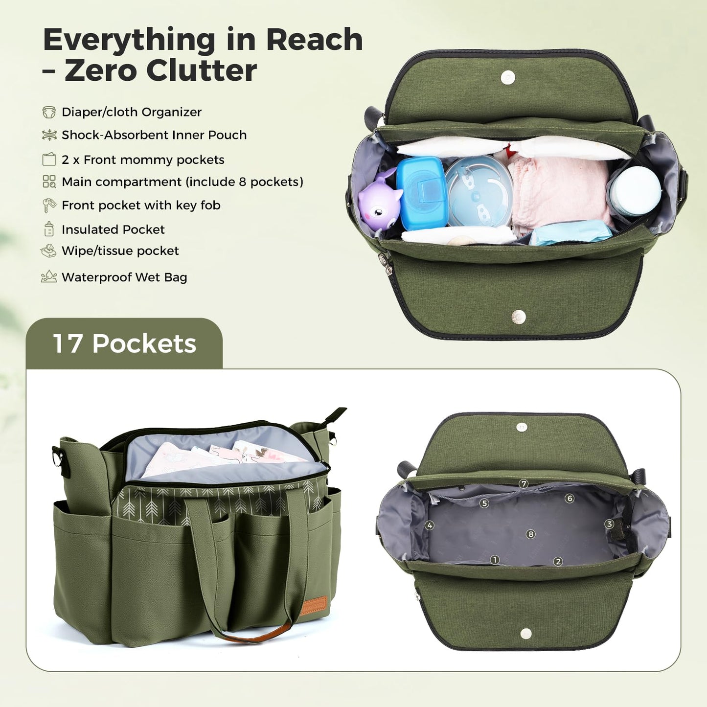 Lekebaby Diaper Bag Tote, 17 Pockets Large Travel Diaper Tote Waterproof with Portable Changing Pad, Mom Crossbody Hospital Bag for Labor Delivery, Baby Essentials for Newborn Gifts, Grey