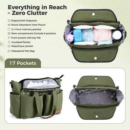 Lekebaby Diaper Bag Tote, 17 Pockets Large Travel Diaper Tote Waterproof with Portable Changing Pad, Mom Crossbody Hospital Bag for Labor Delivery, Baby Essentials for Newborn Gifts, Grey
