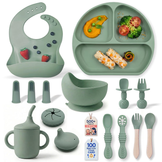 Remonda 23-Piece BPA-Free Silicone Baby Feeding Set | Extra Large Suction Plates, Toddler Bowls, Self Feeding Spoons, and More | Dishwasher Safe| Baby Led Weaning Supplies (Pink)