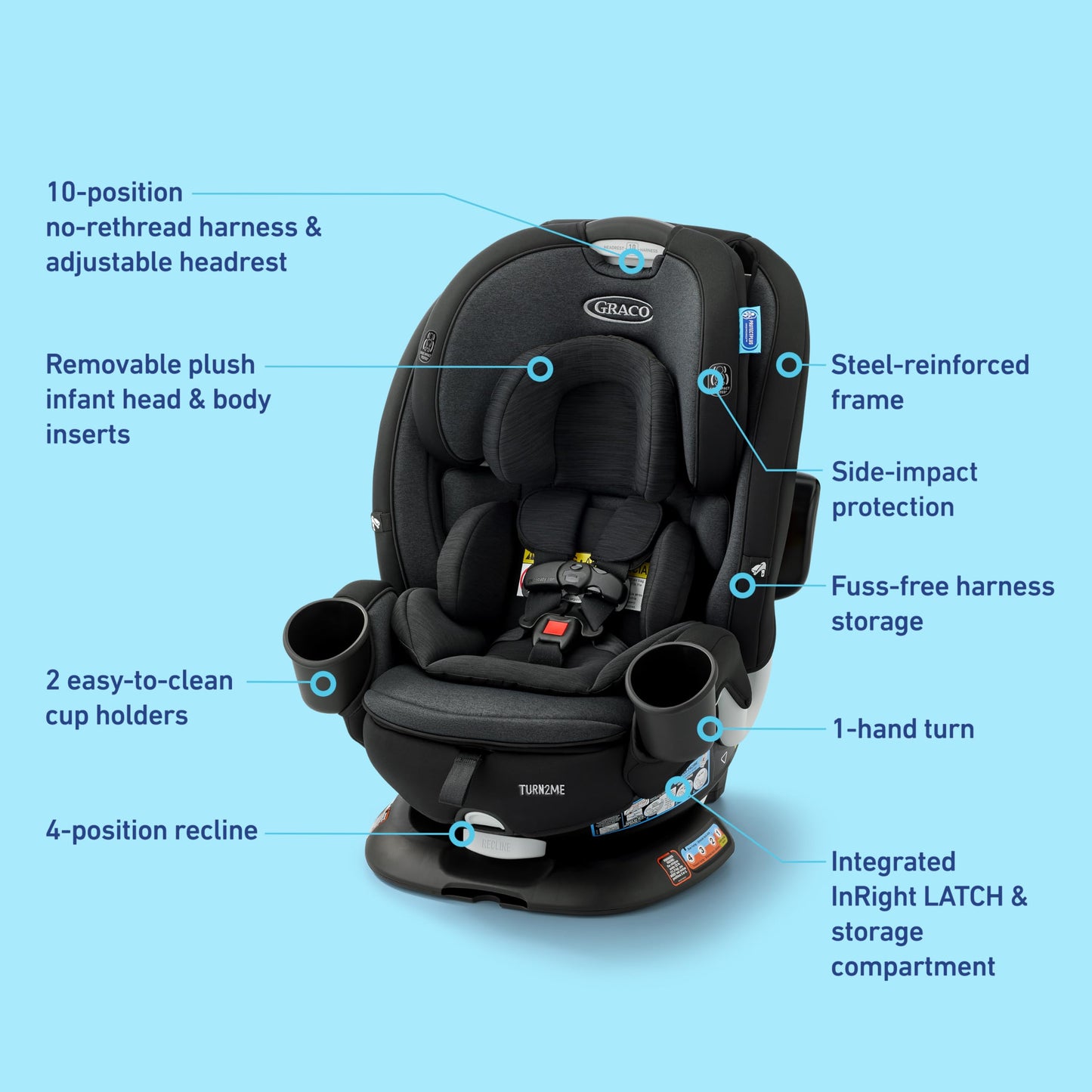 Graco Turn2Me 3-in-1 Rotating Convertible Car Seat, Manchester, Rear-Facing Rotation Only, Forward-Facing Mode, Highback Booster Up to 100 lbs, Adjustable Headrest & Harness, Steel Reinforced Frame