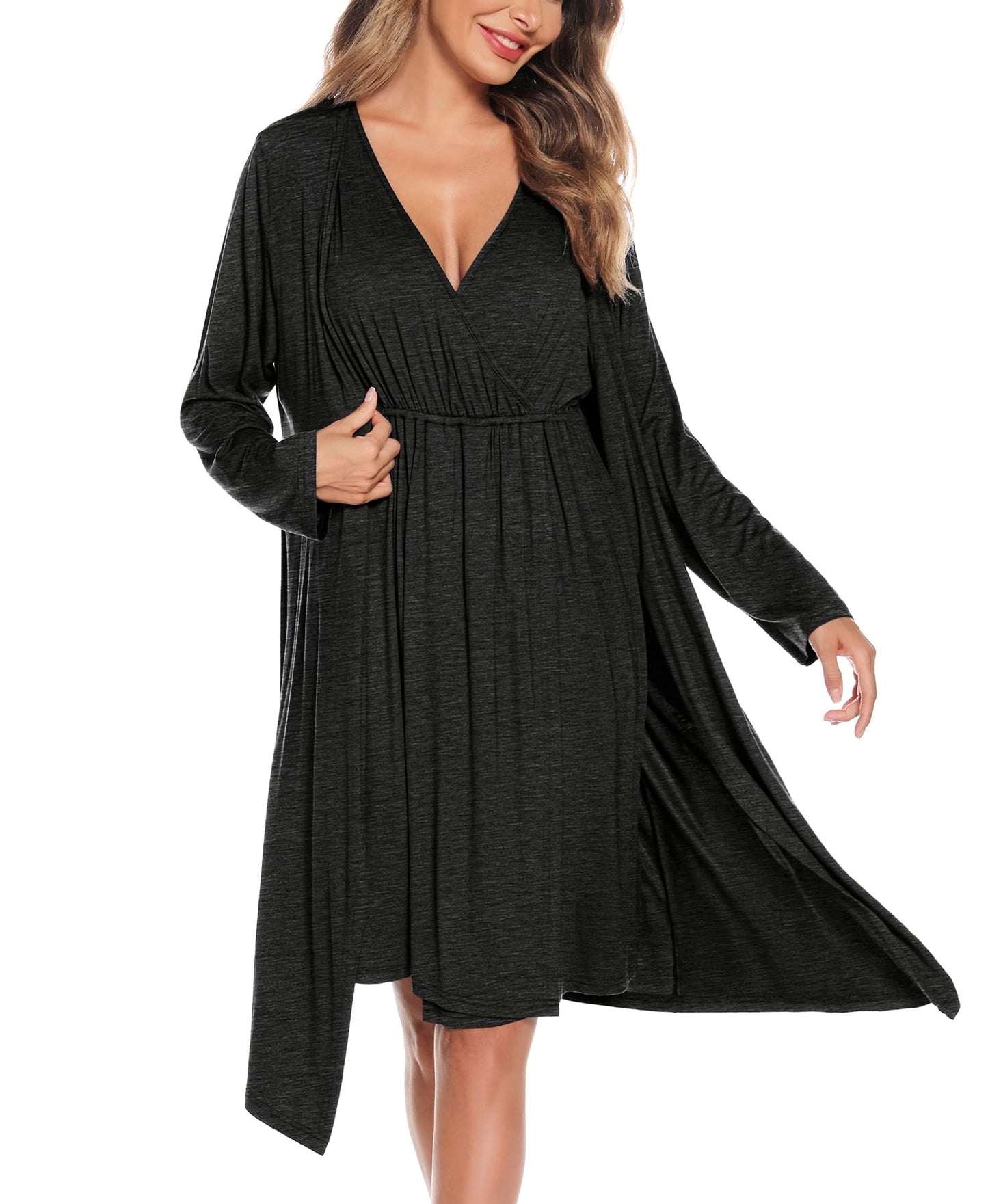 SWOMOG Women Maternity Nursing Gown and Robe Set 3 in 1 Labor Delivery Nursing Nightgown for Breastfeeding Hospital Bathrobe