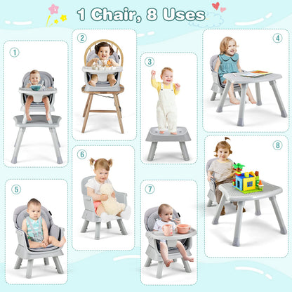 HONEY JOY 8 in 1 Baby High Chair, Convertible Highchair for Babies and Toddlers/Table and Chair Set/Building Block Table/Booster Seat/Stool/Toddler Chair with Safety Harness (Wave Gray)