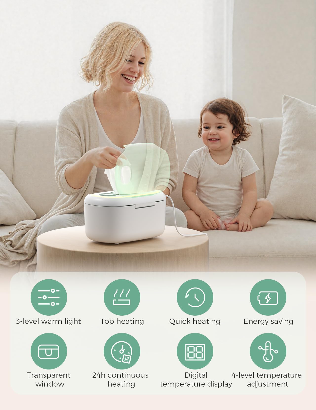 Momcozy Baby Wipe Warmer, Innovative Spring Design, Large Capacity Wipes Dispenser, Fast and Even Heating, 4 Modes of Temperature Heating Control, Diaper Wipe Warmer with Night Light