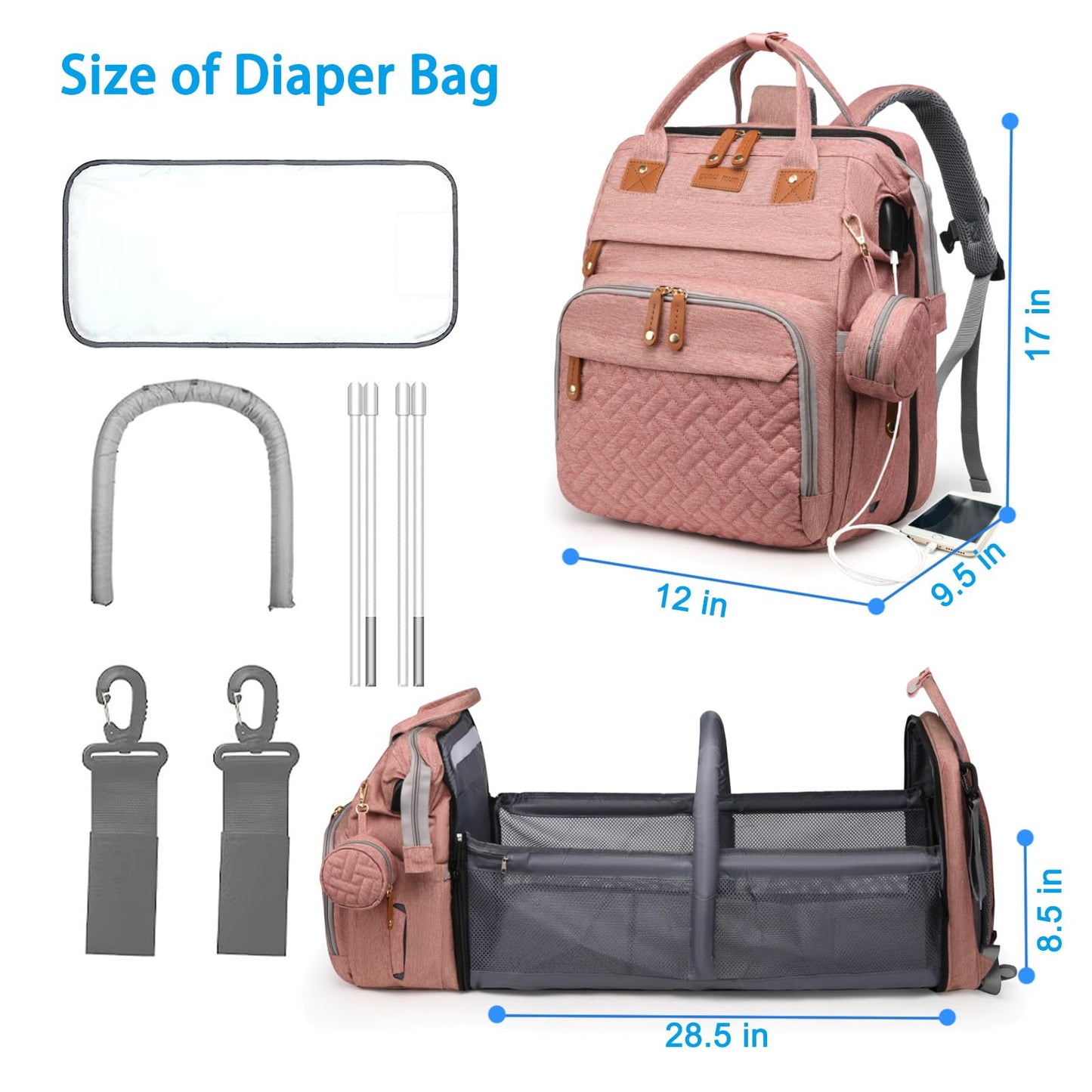 Jeryswet Baby Diaper Bags with Changing Station, Waterproof Large Capacity Diaper Bag Backpack for Moms Dads with USB Charging Port and Stroller Straps, Baby Shower Gifts, Grey