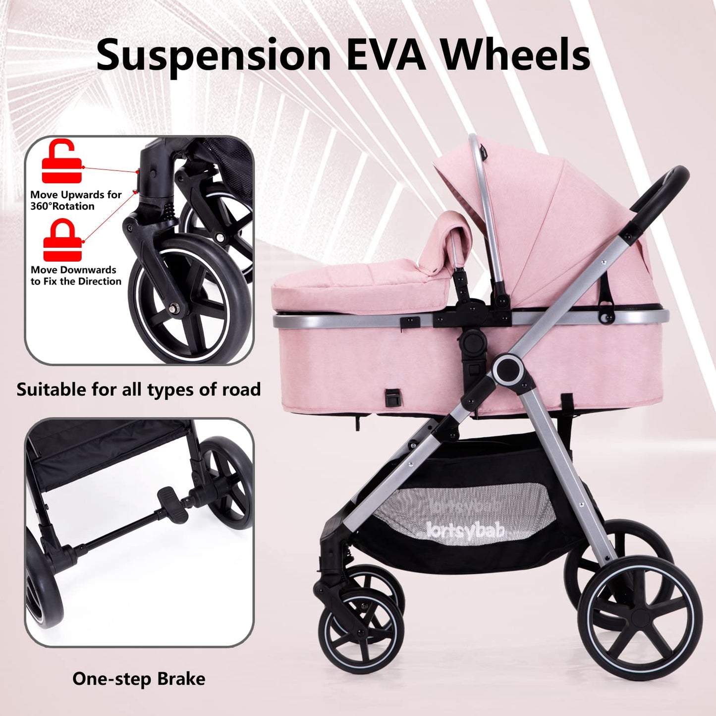 Lortsybab 2-in-1 Baby Stroller - Folding Infant Newborn Pram Stroller with Reversible Seat - Toddler Strollers for 0-36 Months Old Babies (Beige)