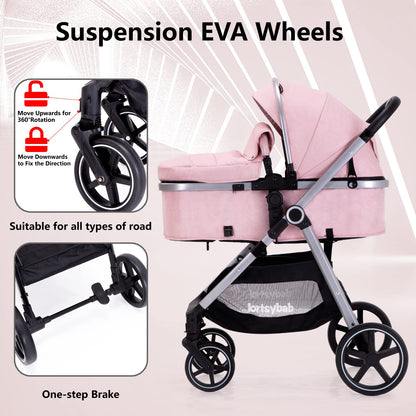 Lortsybab 2-in-1 Baby Stroller - Folding Infant Newborn Pram Stroller with Reversible Seat - Toddler Strollers for 0-36 Months Old Babies (Beige)