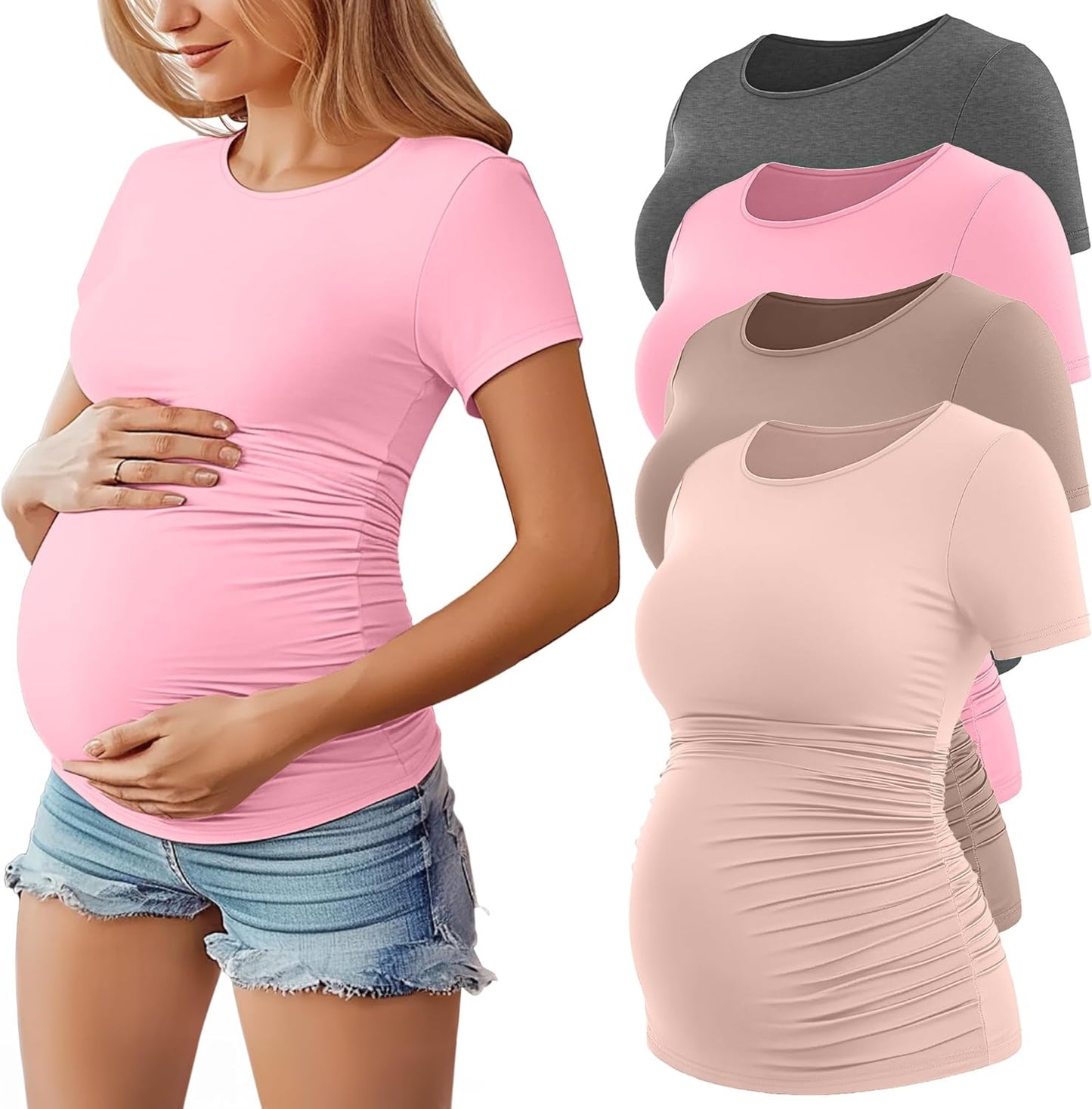 Huukeay 4 Pack Women's Maternity Shirts, Crew Neck Maternity Top Short Sleeve Casual Cotton Tee Side Ruched Pregnancy Clothes