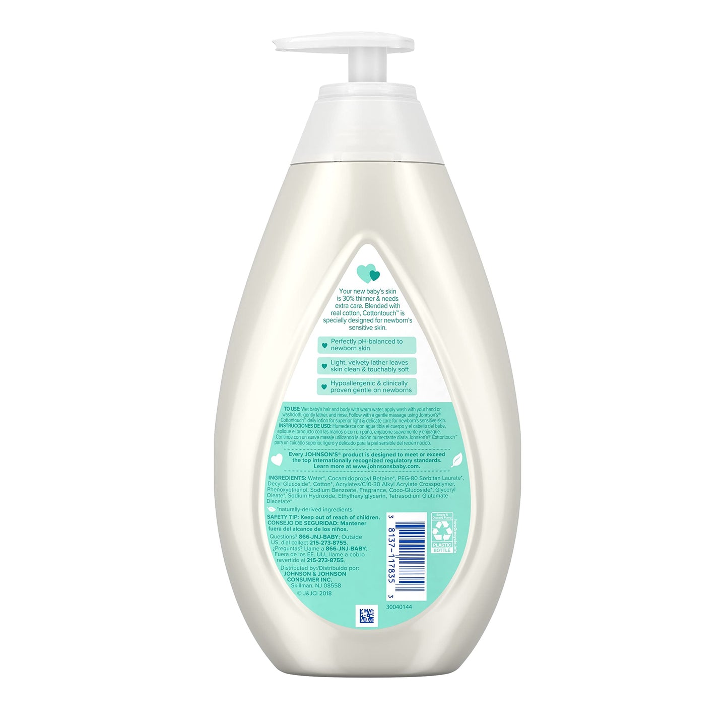 Johnson's CottonTouch Newborn Baby Body Wash & Shampoo, Gentle & Tear-Free, Made with Real Cotton, Gently Washes Away Dirt & Germs, for Sensitive Skin, Baby Essentials, 13.6 fl. oz