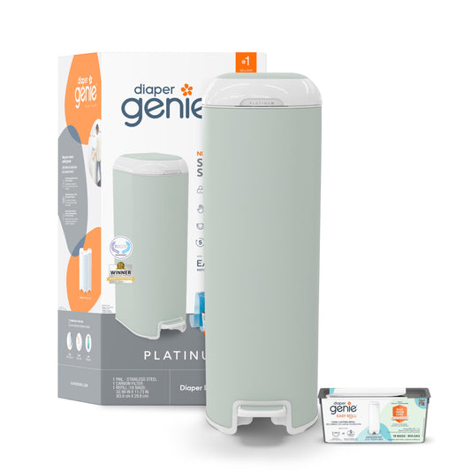 Diaper Genie Platinum Pail (Lily White) is Made in Durable Stainless Steel and Includes 1 Easy Roll Refill with 18 Bags That can Last up to 5 Months.