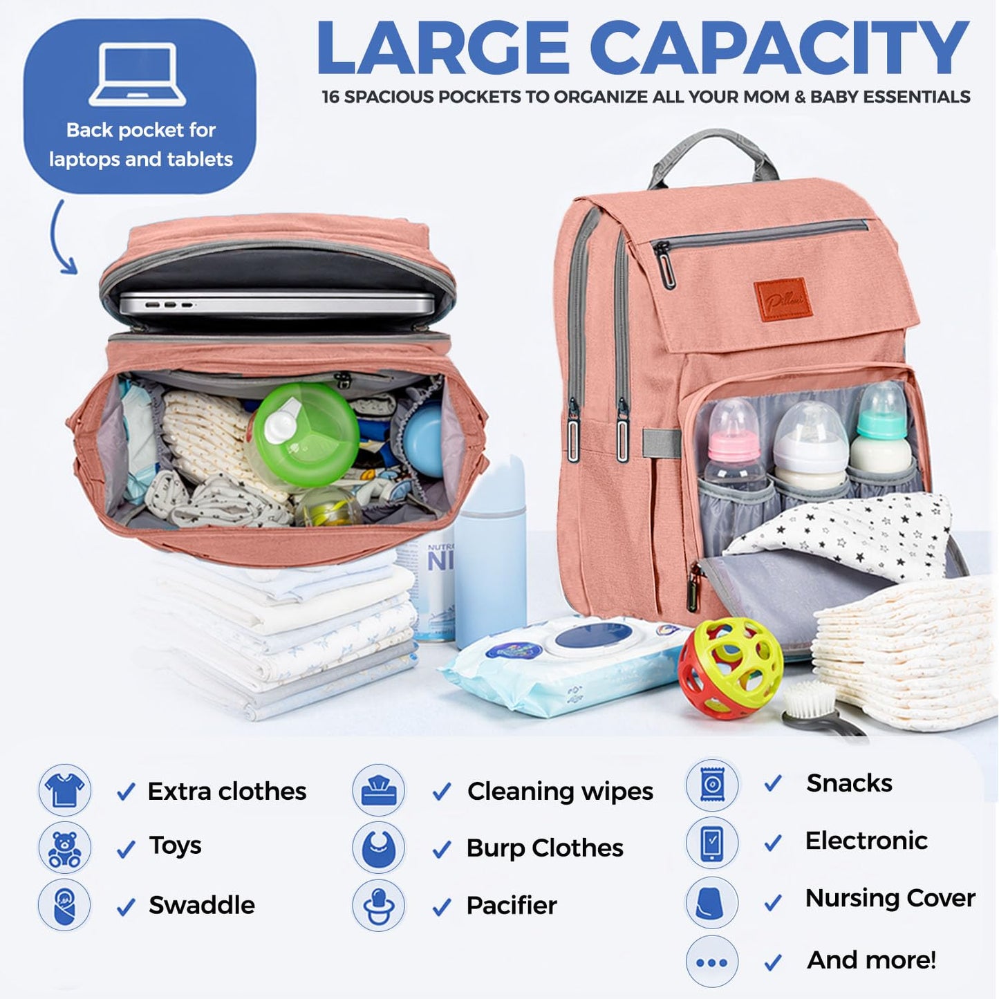 PILLANI Baby Diaper Bag Backpack - Baby Bag for Girls & Boys, Large Waterproof Toddler Diaper Backpack - Baby Shower Gifts & Registry Must Haves - Travel Diaper Bags with Changing Pad - Newborn Stuff