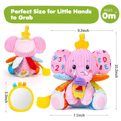 Baby Toys 3-6 Months, Musical Stuffed Elephant Toddler Toy for Newborn Infant 3 6 9 12 Months, Tummy Time Toys Montessori Sensory Toys 0-6 6-12 Months, Crinkle Paper, Mirror Soothing Music Shower Gift