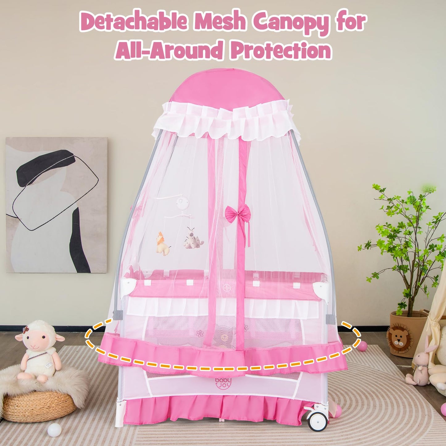 BABY JOY 4 in 1 Pack and Play with Canopy, Portable Baby Playard with Bassinet, Double-Layer Baby Crib, Wheels & Brake, Foldable Baby Girl Pink Princess Bassinet from Newborn to Toddler