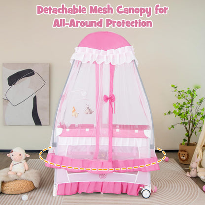 BABY JOY 4 in 1 Pack and Play with Canopy, Portable Baby Playard with Bassinet, Double-Layer Baby Crib, Wheels & Brake, Foldable Baby Girl Pink Princess Bassinet from Newborn to Toddler
