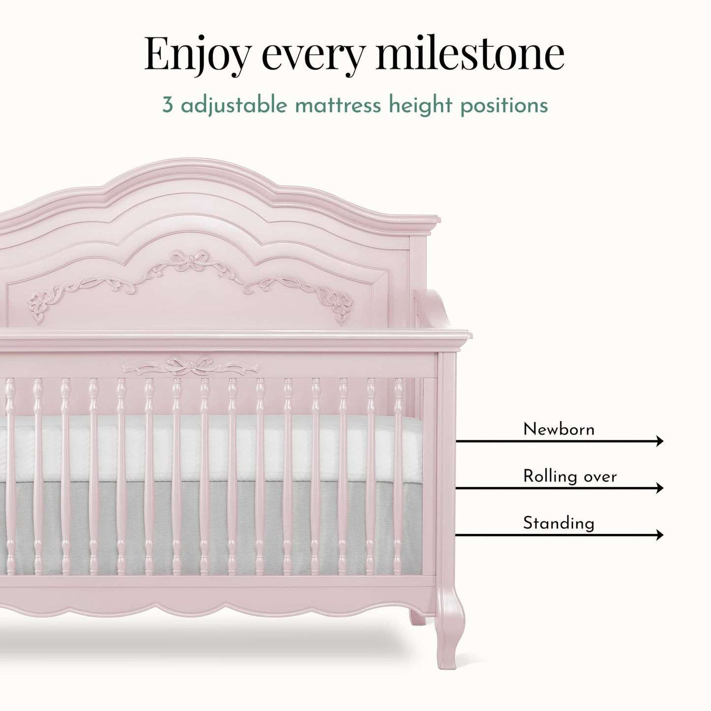 Evolur Aurora 5-in-1 Convertible Full-Size Baby Crib in Ivory Lace, GreenGuard Gold & JPMA, 3 Mattress HeightsRibbon Bow Scrollwork & Queen Anne Feet, Converts to Toddler, Day & Full-Size Bed