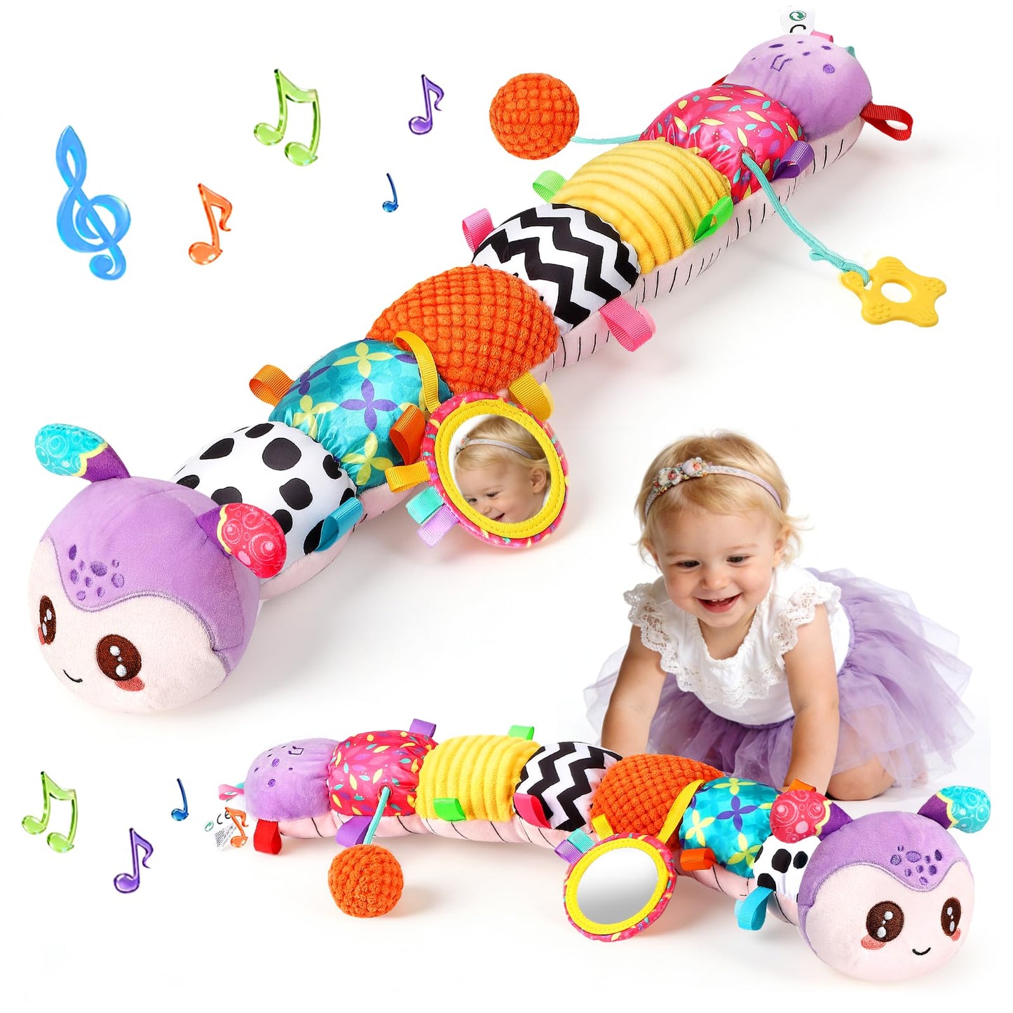 Baby Sensory Toys for 0-6 6-12 Months, Musical Stuffed Caterpillar Animal Toys for Infant 3 6 9 12 18 Months, Tummy Time Toys with Mirror Rattle Crinkle for Newborn Boys Girls Shower Gifts