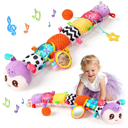 Baby Sensory Toys for 0-6 6-12 Months, Musical Stuffed Caterpillar Animal Toys for Infant 3 6 9 12 18 Months, Tummy Time Toys with Mirror Rattle Crinkle for Newborn Boys Girls Shower Gifts