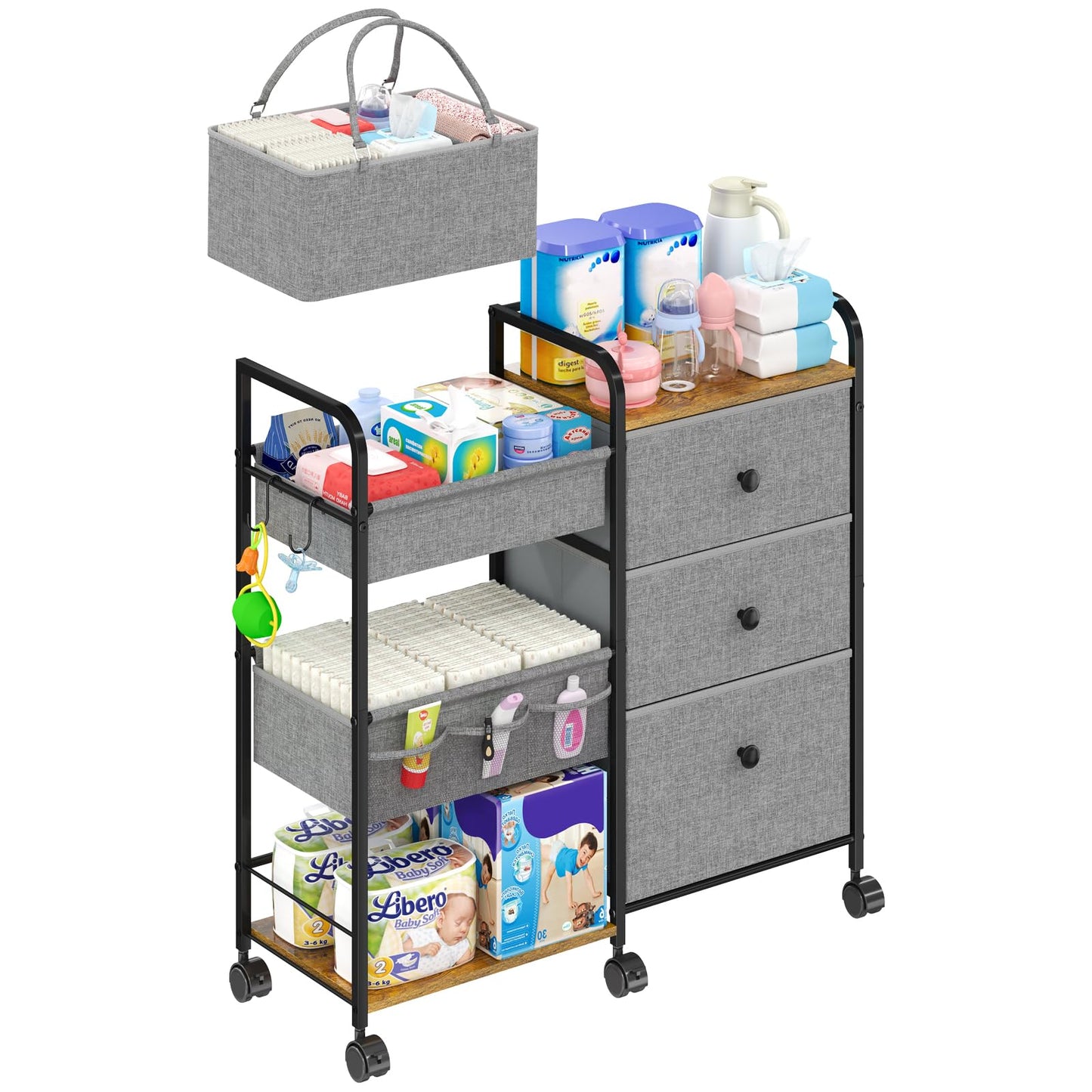 Cidaziya 2In1 Baby Diaper Caddy Organizers and Storage, 3 Tier Rolling Cart with Dividers and Drawers, Mobile Utility Cart Baby Dresser Clothes Organizer for Changing Table, Crib Nursery, Bedroom