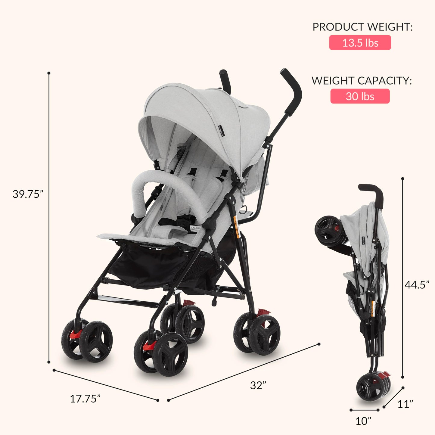 Dream On Me Vista Moonwalk Baby Stroller, Lightweight Travel Umbrella Stroller with Compact Fold, Smooth Ride Wheels, Multi-Position Recline, Spacious Storage Basket with Cup Holder, Light Gray
