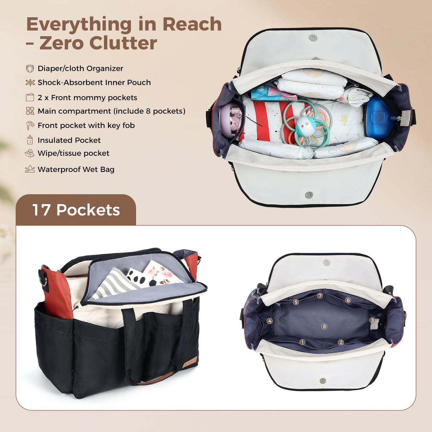 Lekebaby Diaper Bag Tote, 17 Pockets Large Travel Diaper Tote Waterproof with Portable Changing Pad, Mom Crossbody Hospital Bag for Labor Delivery, Baby Essentials for Newborn Gifts, Grey