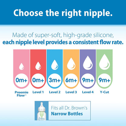 Dr. Brown's Natural Flow Anti-Colic Options+ Narrow Baby Bottle, 8 oz/250 mL, with Level 1 Slow Flow Nipples, 0m+, 4 Pack
