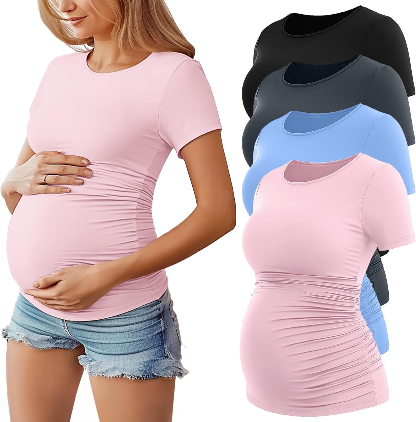 Huukeay 4 Pack Women's Maternity Shirts, Crew Neck Maternity Top Short Sleeve Casual Cotton Tee Side Ruched Pregnancy Clothes