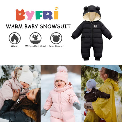 BYFRI Baby Boys Girls Snowsuit Newborn Cozy Winter Coat Infant Bear Hooded Jumpsuit Toddler Snow Outfit for 0-24 Months