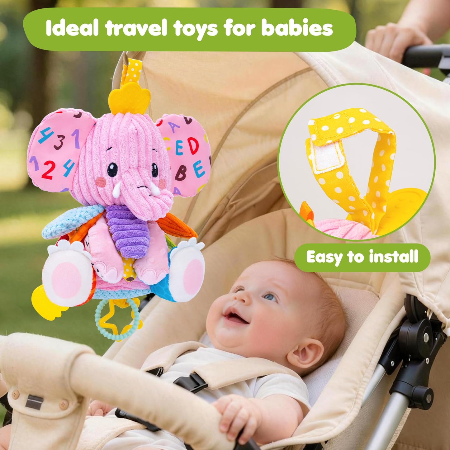 Baby Toys 3-6 Months, Musical Stuffed Elephant Toddler Toy for Newborn Infant 3 6 9 12 Months, Tummy Time Toys Montessori Sensory Toys 0-6 6-12 Months, Crinkle Paper, Mirror Soothing Music Shower Gift