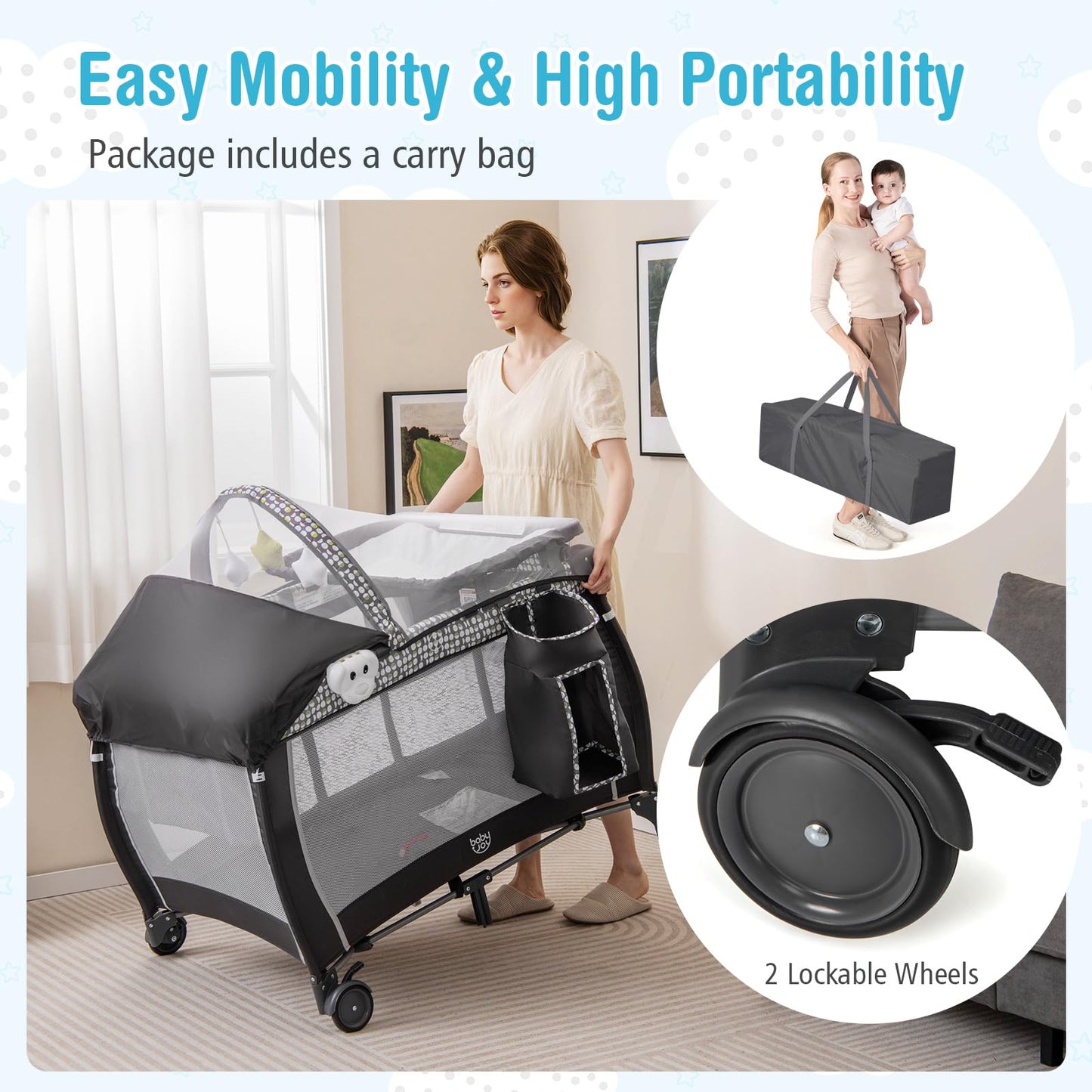 BABY JOY 4 in 1 Pack and Play with Canopy, Portable Baby Playard with Bassinet, Double-Layer Baby Crib, Wheels & Brake, Foldable Baby Girl Pink Princess Bassinet from Newborn to Toddler