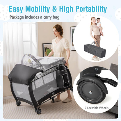 BABY JOY 4 in 1 Pack and Play with Canopy, Portable Baby Playard with Bassinet, Double-Layer Baby Crib, Wheels & Brake, Foldable Baby Girl Pink Princess Bassinet from Newborn to Toddler
